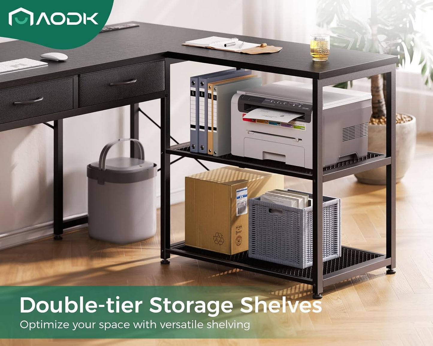 AODK 61 Inch L Shaped Computer Desk with Drawers, Corner Desk with Power Outlets & Reversible Storage Shelves, Movable CPU Stand for Home Office Gaming, Black