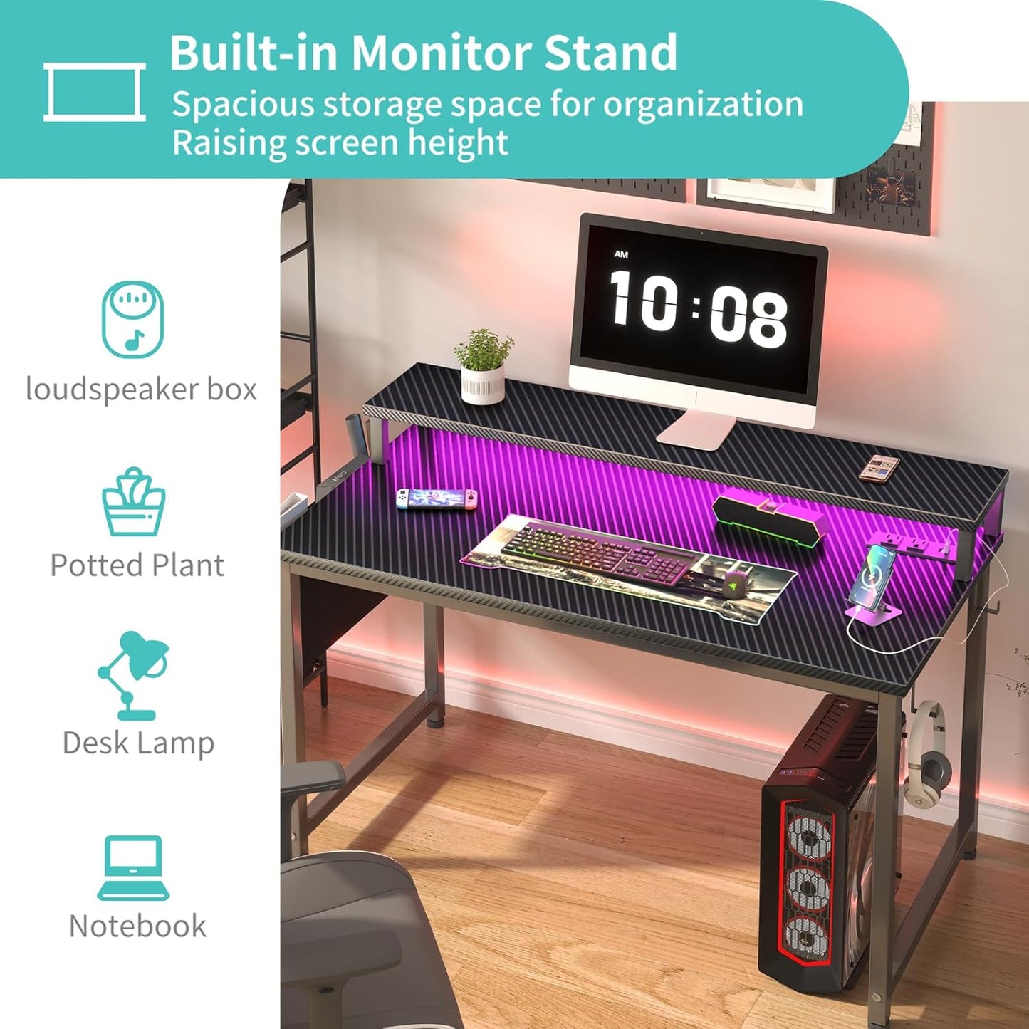 Lufeiya Gaming Desk with Power Outlets and LED Lights, 40 Inch Gamer Desk Table with Charging Station, Home Office Computer Desks with Monitor, Black