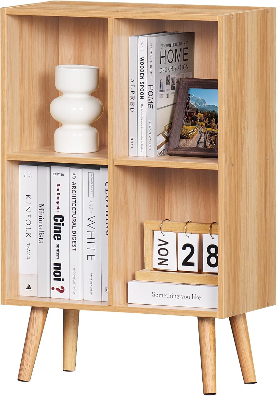 LEYAOYAO 4 Cube Bookshelf, 2-Tier Bookcase with Legs, Natural Kids Book Shelf Cute Storage Organizer, Free Standing Open Toy Shelves Modern Bookshelves,Wood Display Bookcases for Bedroom,Living Room