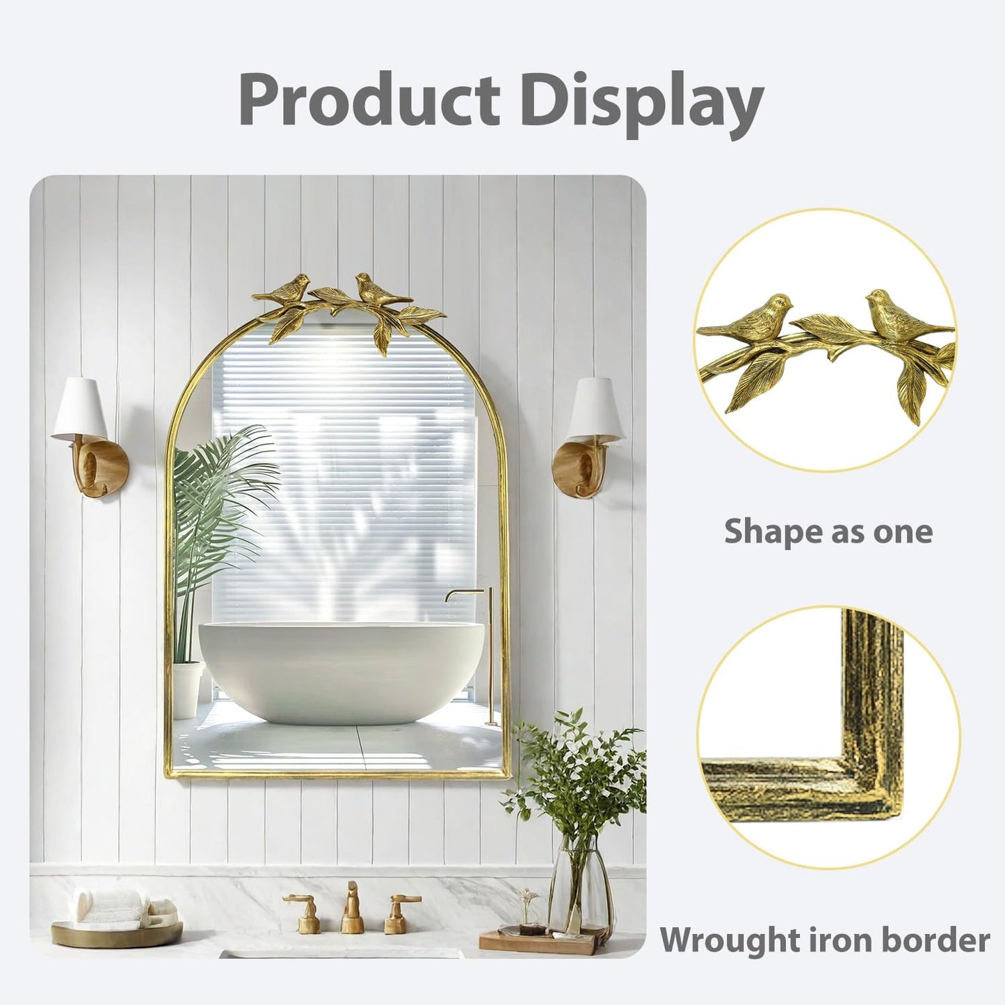 Gold Vintage Mirror for Vanity 24x35 Inch Gold Antique with Ornate Frame, Arched Vintage Wall for Bathroom, Living Room, Fireplace, Entryway