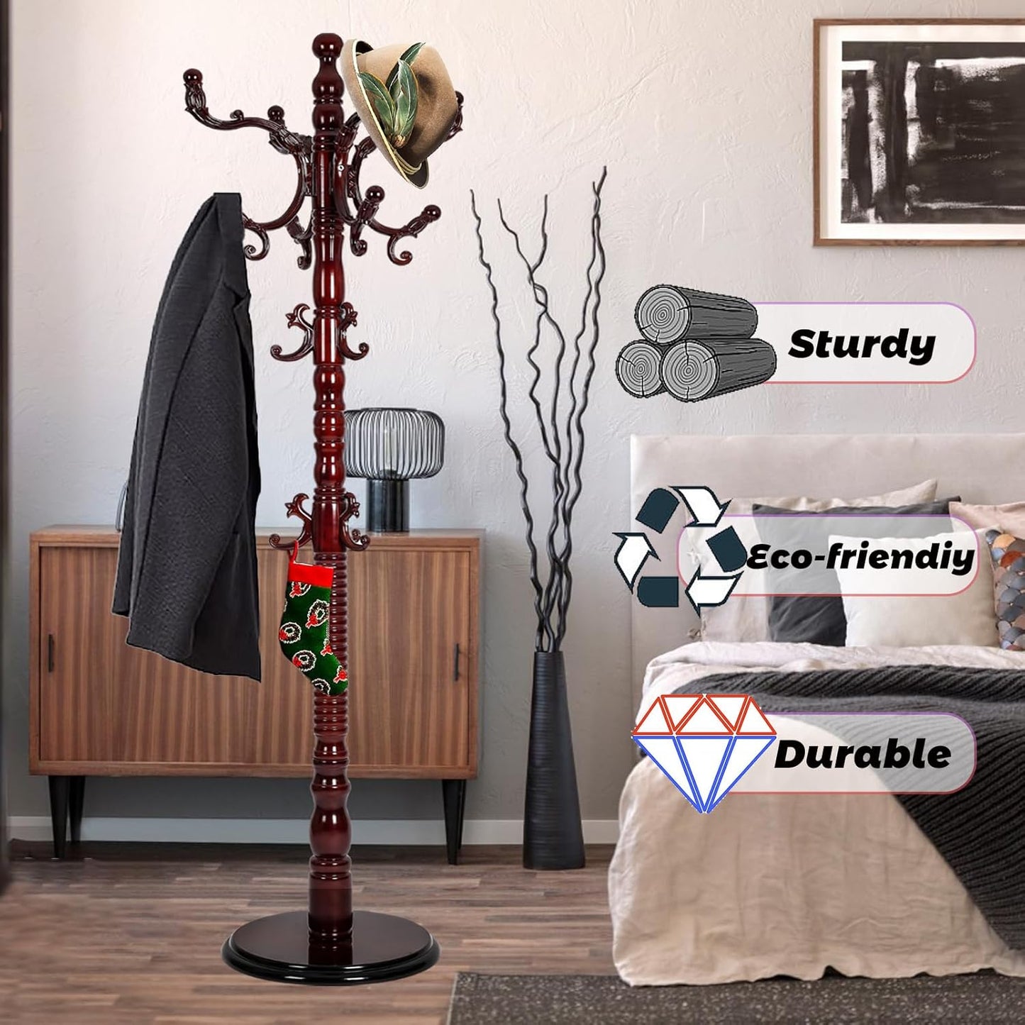 73 in Wood Coat Rack, Coat Rack Freestanding with Stable Round Base, Adjustable Height Tree Coat Racks Stand for Home Bedroom Office Hallway Entryway (Redwood)