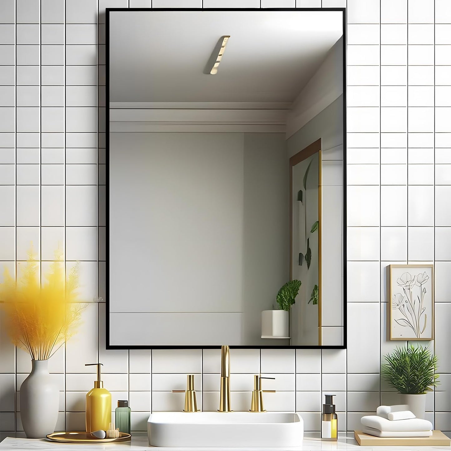 Black Bathroom Mirror 24x36 Inch Rectangular Wall Mirrors Modern Farmhouse Mirror Mounted Rectangle Hanging Mirror Frosted Metal Frame for Bathroom Bedroom Entryway Living/Dressing Room