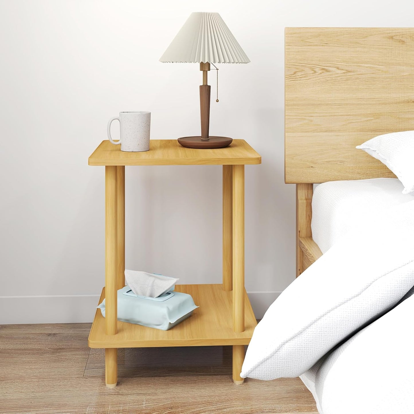 2-Tier End Table,Multi-Layer Side Cabinet with 4 Solid Wood Sturdy Legs for Living Room and Bed Room, Minimalist Modern (15.8"*15.8"*21")