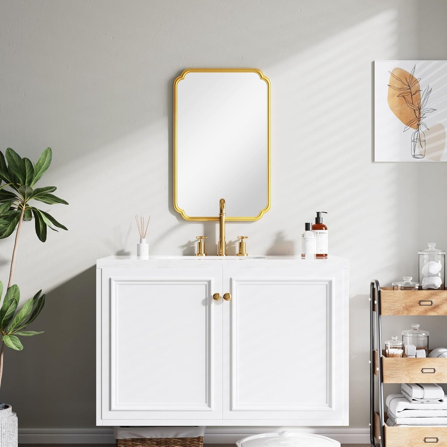 22x34 Inch Gold Bathroom Mirror, Metal Framed Wall Mirror with Rounded Edges, Rustproof Horizontal Vertical Hanging for Vanity Over Sink