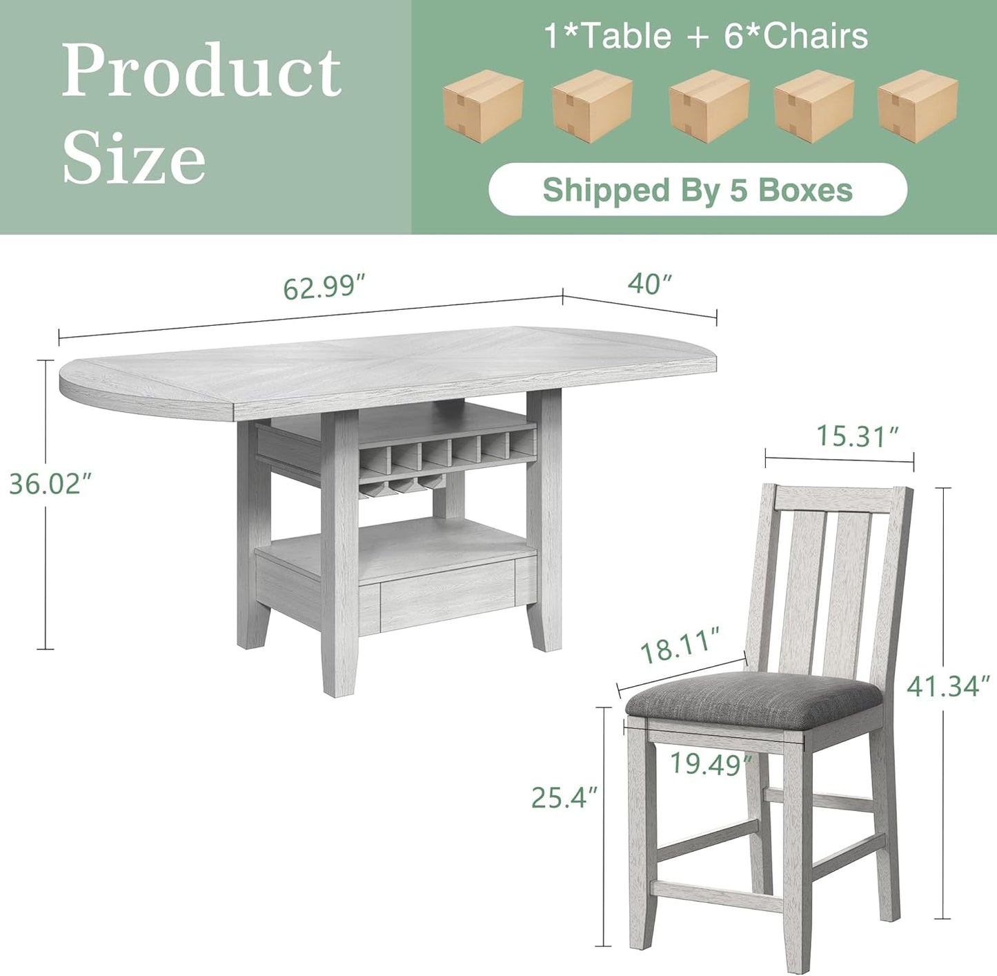 Solid Wood Dining Table Set for 6, Modern Breakfast Dinette Expandable Drop Leaf Kitchen Table with Chairs for Dining Room, Kitchen, Grey