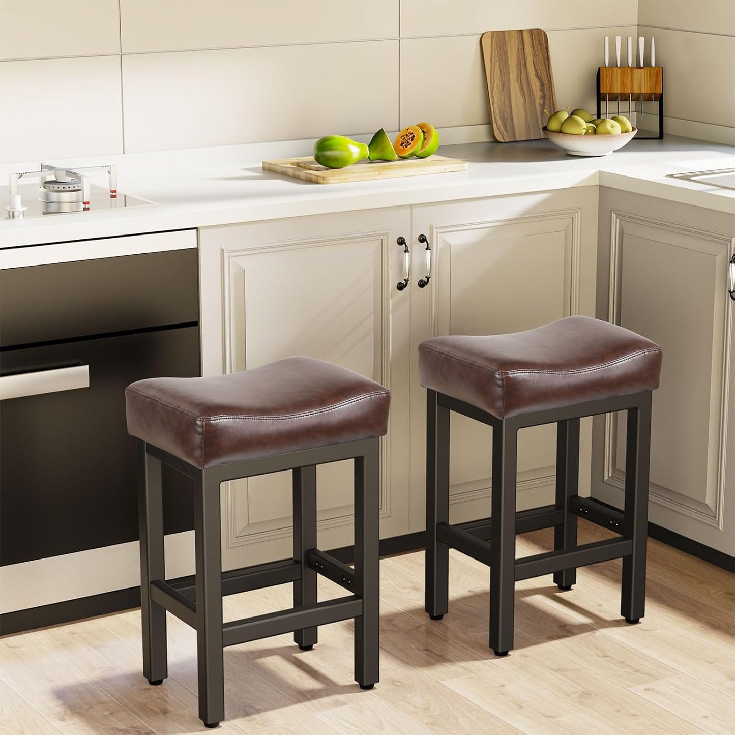 Counter Height Bar Stools Set of 2, 24 Inch Barstools for Kitchen Island Counter, Bonded Leather Kitchen Stools with Thick Saddle Seats & Heavy Duty Metal Base, Easy Assembly, All Black