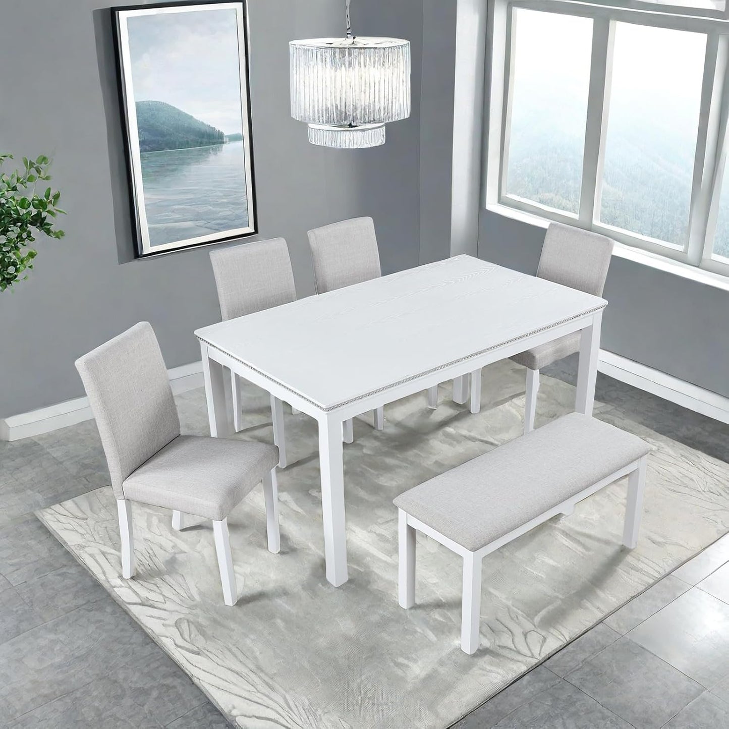Dining Table Set, 6 Piece Counter Height Dinner Set with Rectangular Table, 4 Upholstered Chairs and Bench, Wooden Linen Dining Table and Chairs Set with Crystal Decoration, Beige