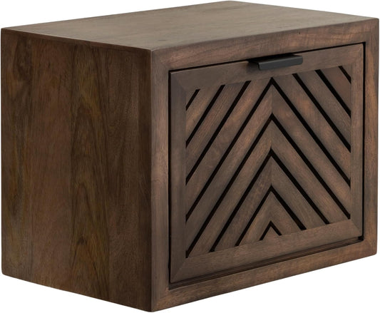 Kate and Laurel Mezzeta Modern Floating Shelf Side Table with Storage Cubby; 16 x 10 x 12; Natural Wood; Decorative Slatted Wood Floating Nightstand with Pull Down Door for Use as Bathroom Storage