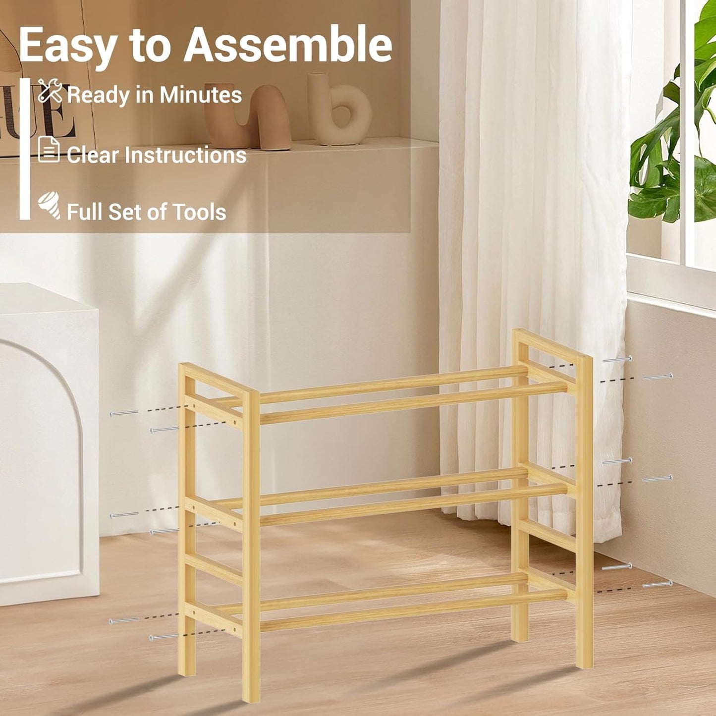 Haddockway Bamboo Shoe Rack for Closet, Free Standing Shoe Organizer with Smooth Round Rods & Convenient Handles, Stackable Shoe Storage Shelf for Entryway, Hallway(Natural, 3-Tier(Small))