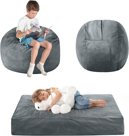 Kids Bean Bag Chair Bed - Convertible Lazy Chair to Floor Mattress with Filler - Small Beanbag Chair for Boys and Girls - Floor Couch Sofa in Bedroom, Classroom, Reading Nook - Charcoal