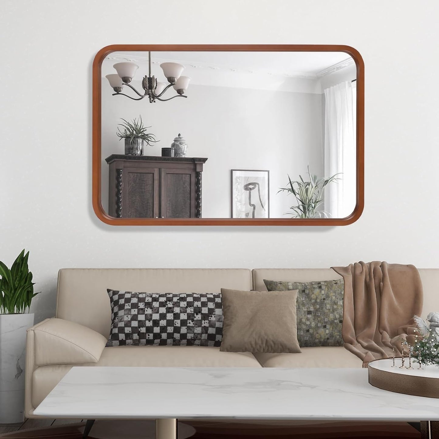 WallBeyond 24x36 Inch Wood Mirror for Bathroom, Wooden Frame Wall Mirror Farmhouse Wall Mounted Rectangle Mirror for Vanity (Horizontal/Vertical Walnut Color)