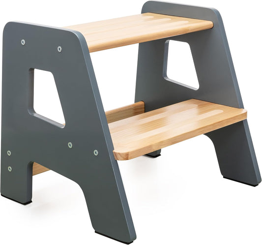 2-Step Wooden Step Stool for Toddlers | Kids Stool for Bathroom Sink & Kitchen Use | Non-Slip Step | Wooden Stool for Children Ages 2+ Years Gray
