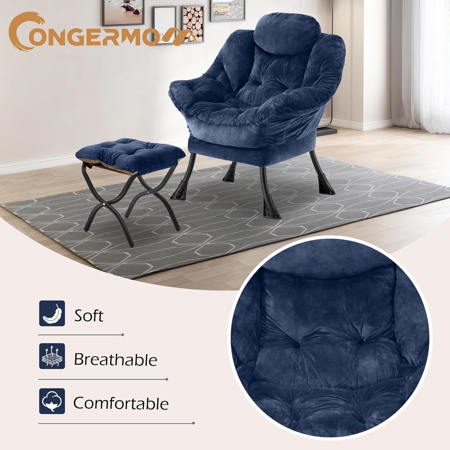 Lazy Chair with Folding Ottoman,Leisure Sofa Chair,Soft Fabric Armchair with Armrests and Side Pockets, Reading Chair with Footrest for Living Room, Bedroom, Office (Plush Navy)