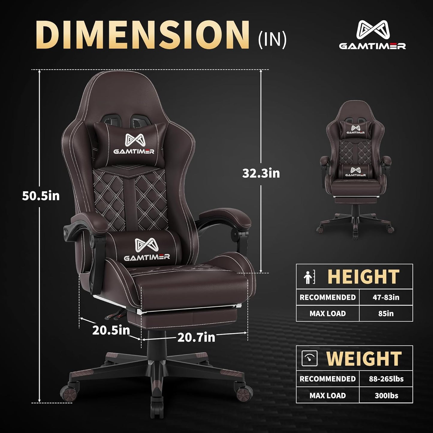Gaming Chair, 400 lbs Adult Chair, High Back Computer Chair with Footrest and Linked Armrests, Office Video Game Chair with Lumbar Support (Brown)