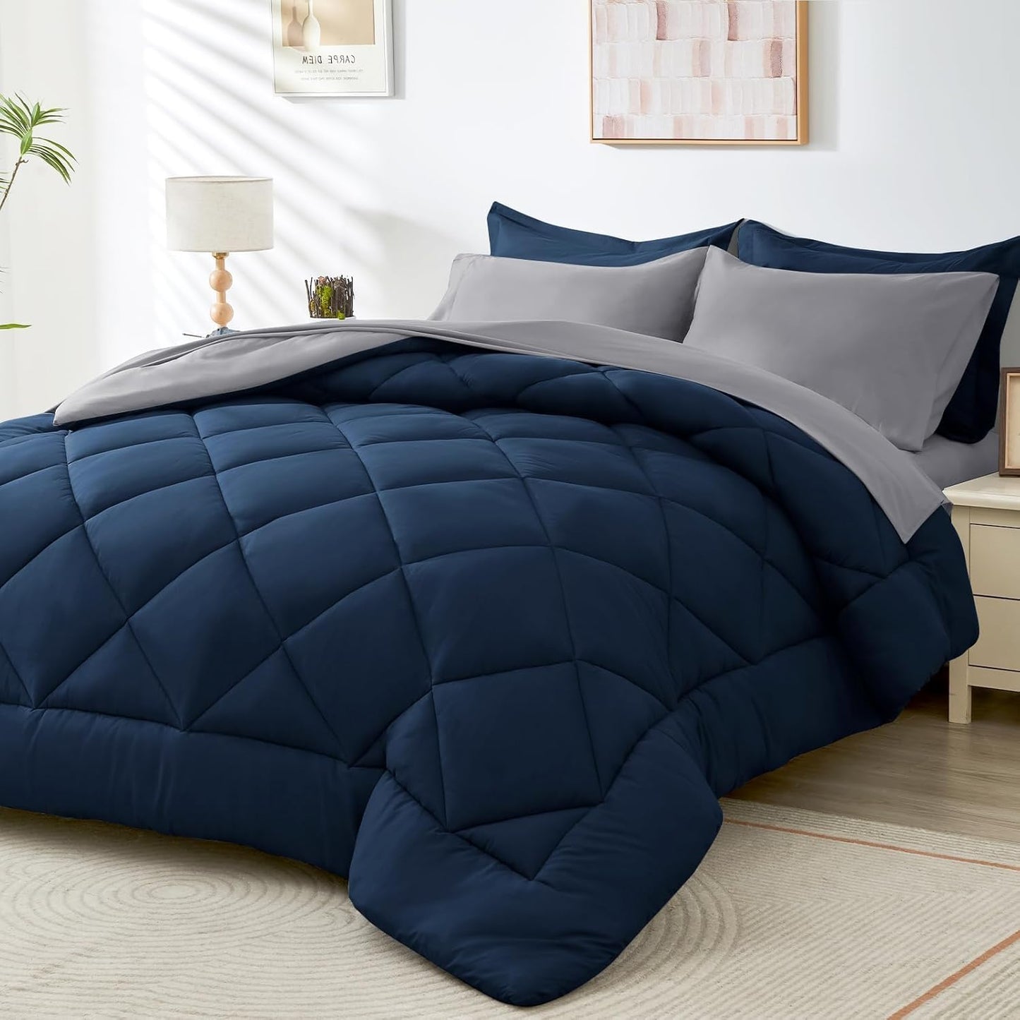 HEVUMYI King Comforter Set - 7-Piece All Season Bed in a Bag King, Ultra Soft Bedding Set with Comforter, Flat Sheet, Fitted Sheet, Pillowcases, Pillow Shams, Navy Blue & Light Grey