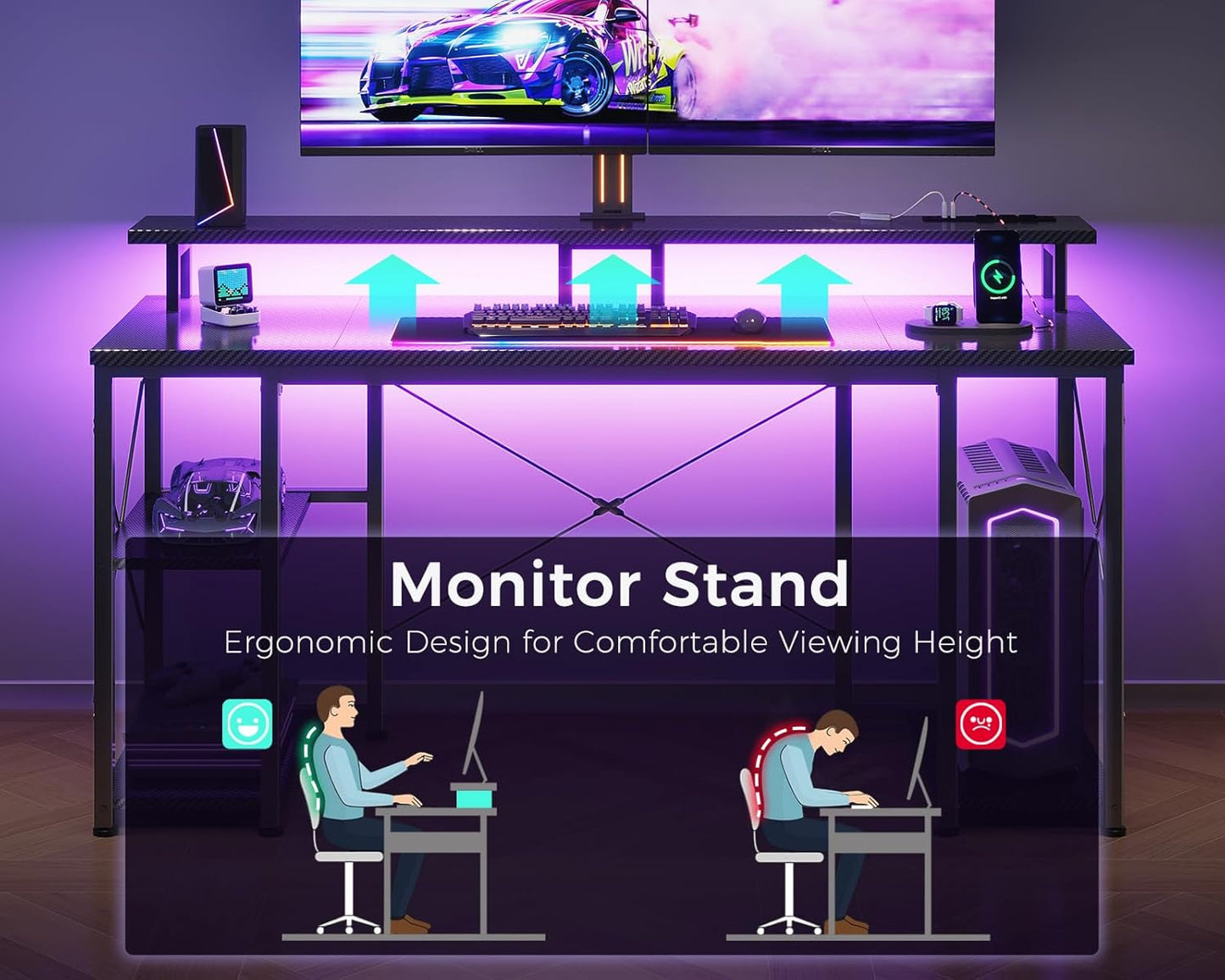 ODK 63 Inches Gaming Desk with LED Lights, Computer Desk with Monitor Stand, Pc Table with CPU Stand, Carbon Fiber Black