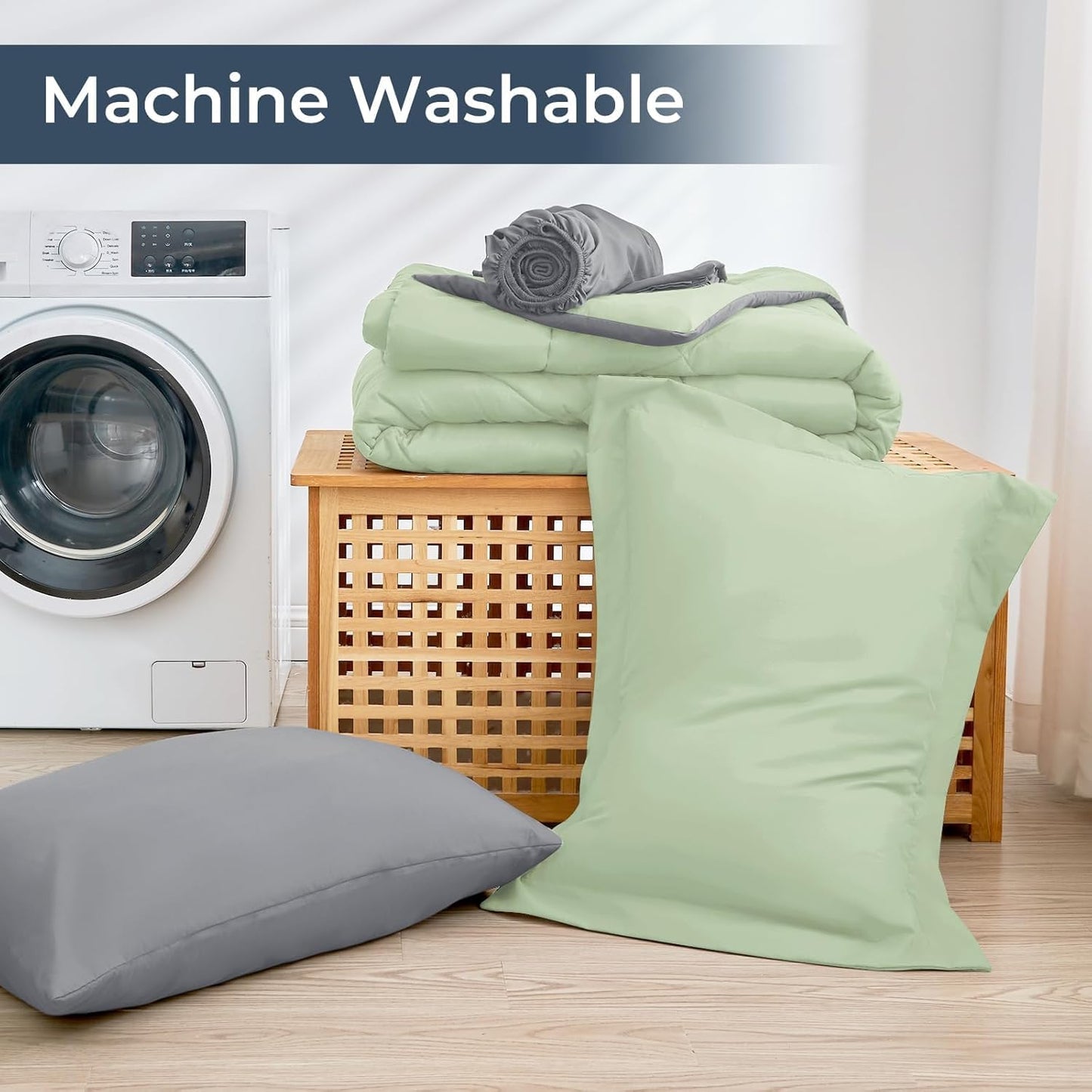 HEVUMYI Twin-XL Comforter Set - 5-Piece All Season Bed in a Bag Twin-XL, Ultra Soft Bedding Set with Comforter, Flat Sheet, Fitted Sheet, Pillowcases, Pillow Shams, Sage Green & Light Grey