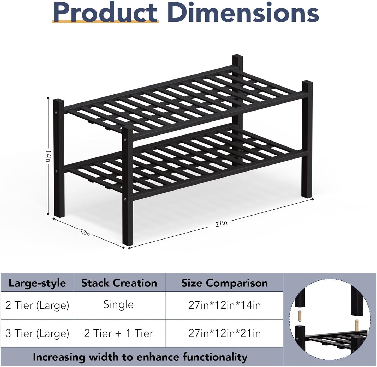 Haddockway Large 2 Tier Bamboo Shoe Rack Storage Organizer, Multifunctional Free Standing Stackable Shoe Shelf with Grid Panel for Closet,Hallway,Entryway,Small Space 27"x12"x14"(Black, 2-Tier(Large))