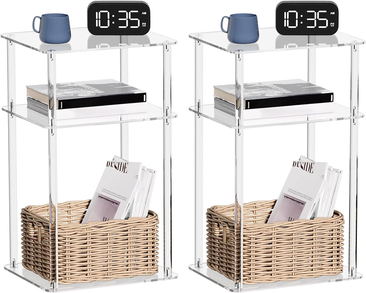 HMYHUM Acrylic Side Tables for Small Spaces, 14" L x 11.5" W x 23.2" H, Nightstand/Bedside Table Set of 2, Home Accent End Table for Living Room, Bedroom, 3-Tier, Clear