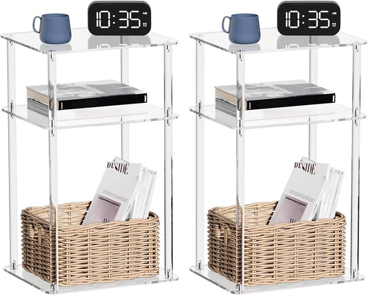 HMYHUM Acrylic Side Tables for Small Spaces, 14" L x 11.5" W x 23.2" H, Nightstand/Bedside Table Set of 2, Home Accent End Table for Living Room, Bedroom, 3-Tier, Clear