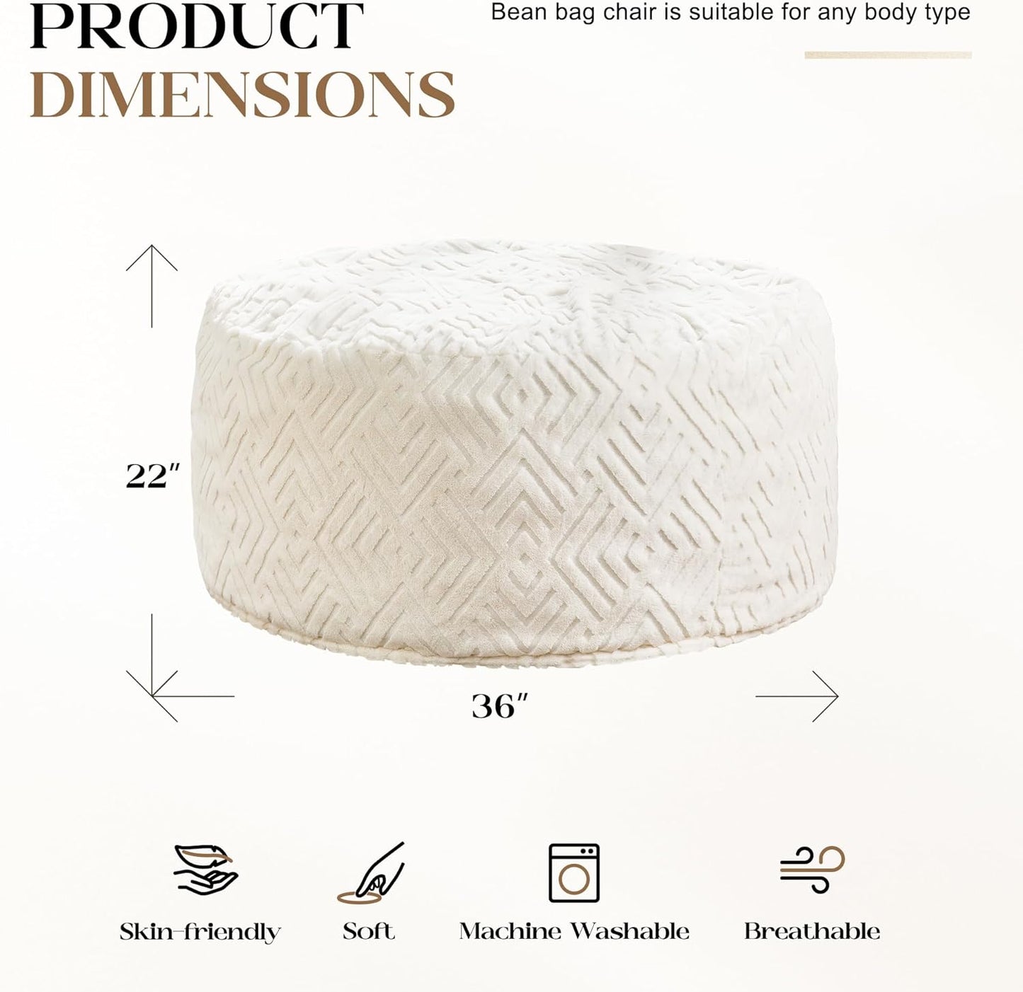 Hobestluk Bean Bag Chairs Adults Beanbag Chair with Filler Large Bean Bags with Fluffy Embossed Cover, Giant Bean Bag Chairs for Adults (White, 3FT - 36” x 36” x 22”)