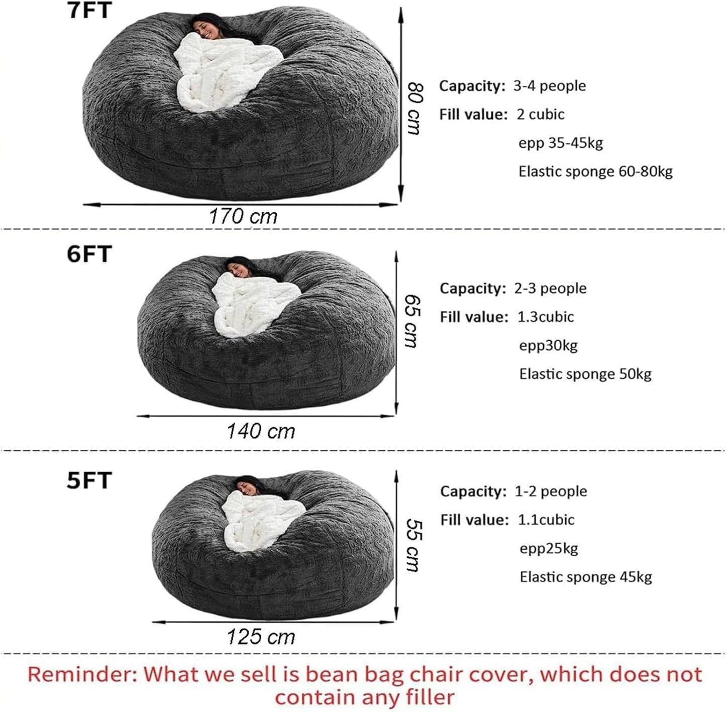 Bean Bag Chair for Adults Kids Without Filling Comfy Fluffy Giant Round Beanbag Lazy Sofa Cover for Reading Chair Floor Chair, 6FT, Multicolored