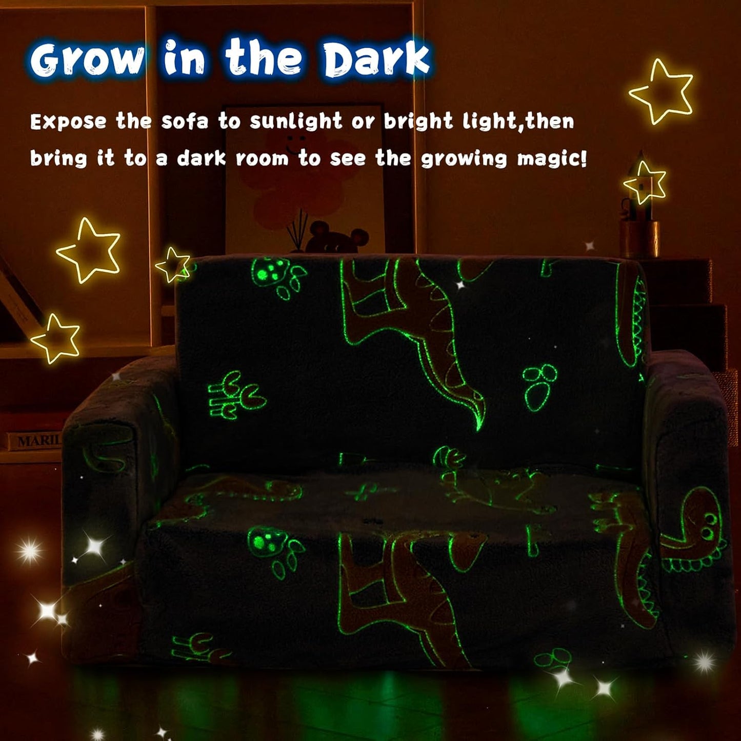 Toddler Chair Comfy,2-in-1 Soft Toddler Couch Fold Out for Kids,Convertible Sofa to Lounger,Gift for Girls and Boys Birthday,Dinosaurs,Large