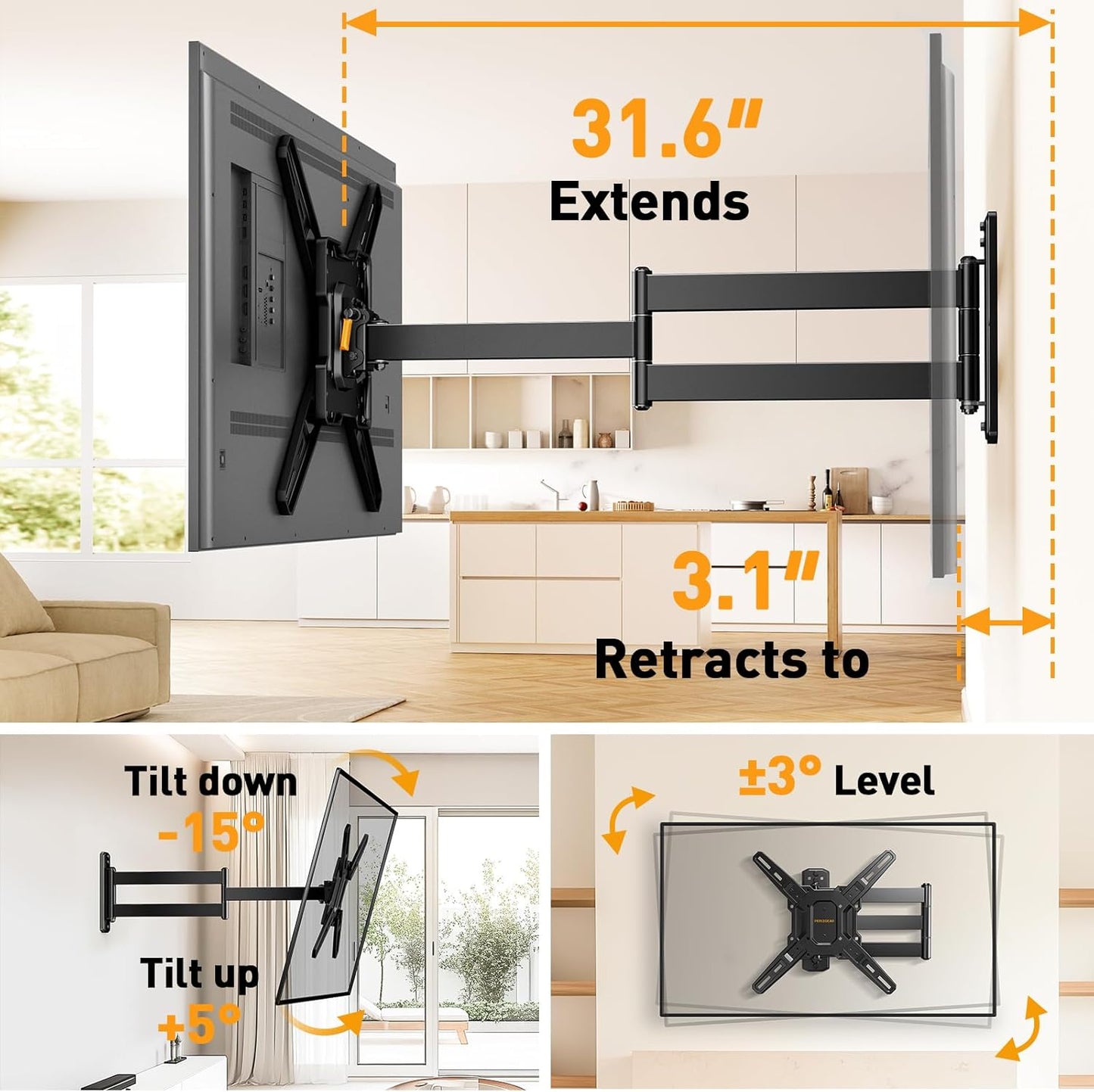 Perlegear Long Arm TV Wall Mount for 26-65 inch TVs up to 100 lbs, Corner TV Mount Bracket with 31.65” Extension, Swivel, Tilt Articulating Arms, Full Motion Wall Mount, Max VESA 400x400mm PGMF25B
