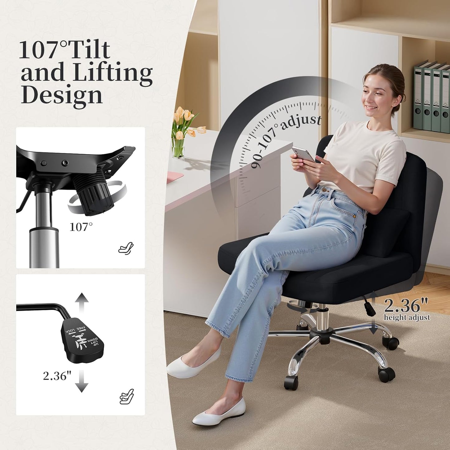 Warmiehomy Criss Cross Office Chair with Wheels, Velvet Cross-Legged Desk Chairs for Home, Height Adjustable Swivel Wide Seat Computer Chair, Morden Vanity Chair for Women, Black