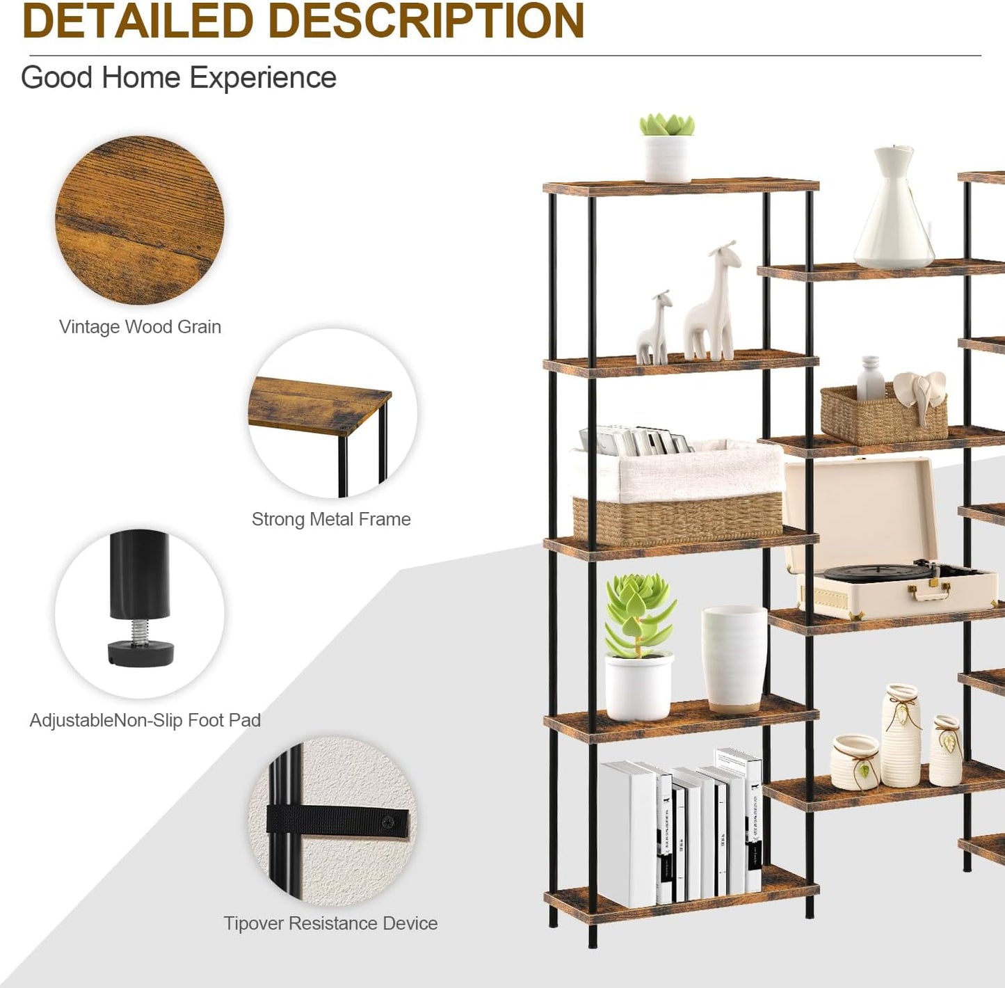 MOOACE 5 Tier Bookshelf, Industrial Style Bookcases with 14 Open Display Shelves, Open Large Storage Bookshelves Shelving with Anti-Falling Device for Bedroom,Living Room, Office Display Cabinet Brown