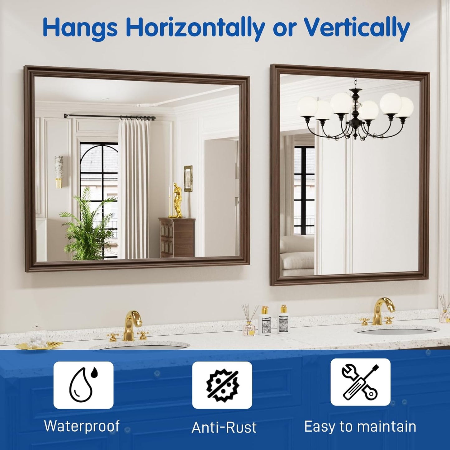 WEER Retro Copper Bathroom Mirror, 36x30 Inch Bronze Oil Rubbed Framed Mirror, Rectangle Classic Vintage Framed Wall Mirror, Farmhouse Vanity Mirror, Tempered Glass, Vertically or Horizontally