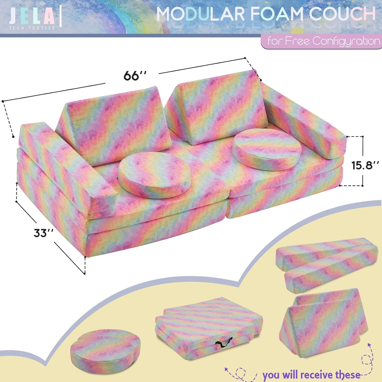 jela Kids Play Couch Castle Extended Size 10PCS with futons, Floor Sofa Modular Furniture for Kids and Adults, Foam Play Couch, Modular Play Sofa Set（Rainbow）