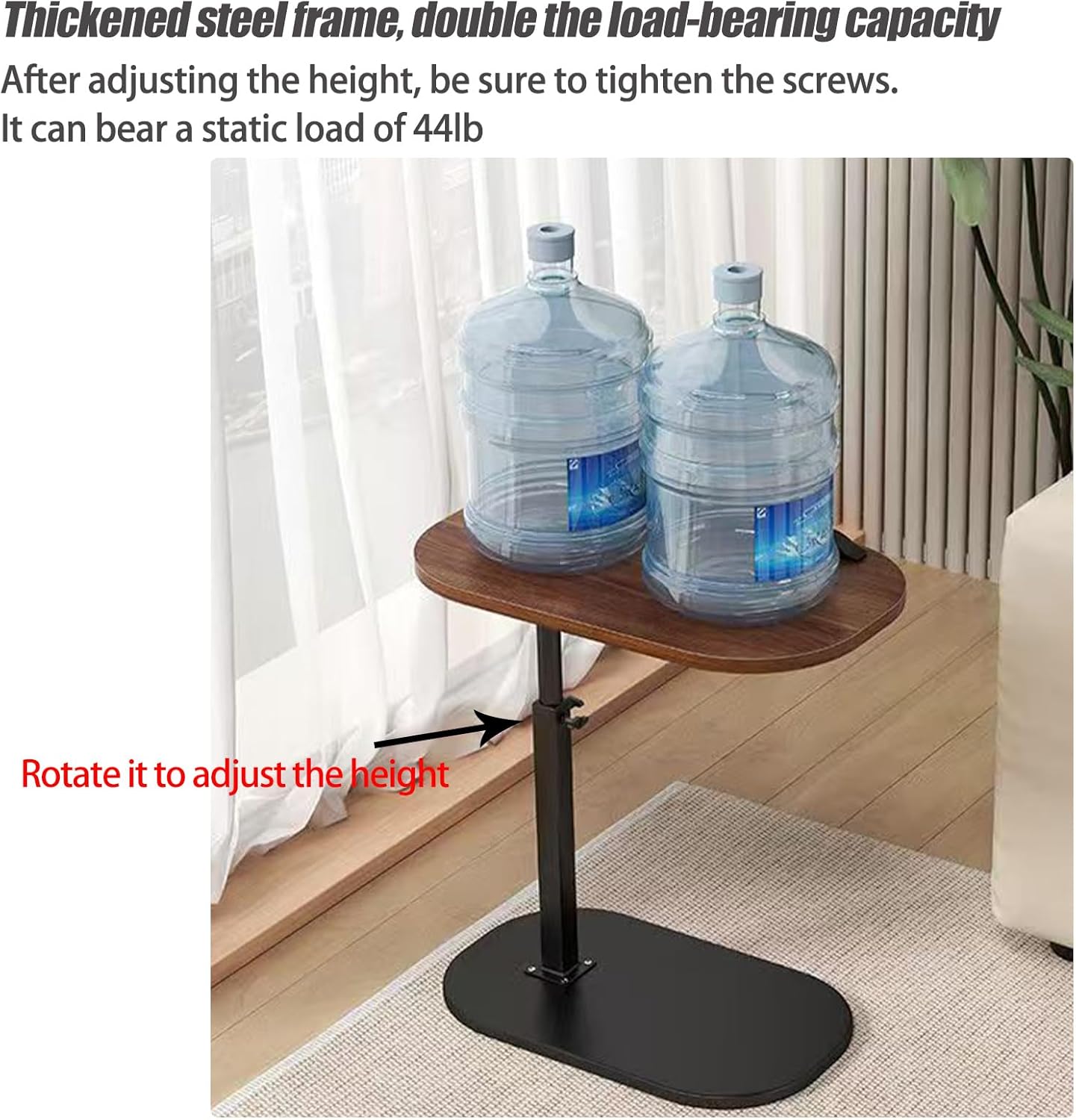 Pedestal C-Shaped Adjustable Small End Tables for Small Spaces Side Table，Desktop can Turn 360° and The Height of The Sofa Side Table can be Adjusted（Walnut Desktop + Black Bottom）