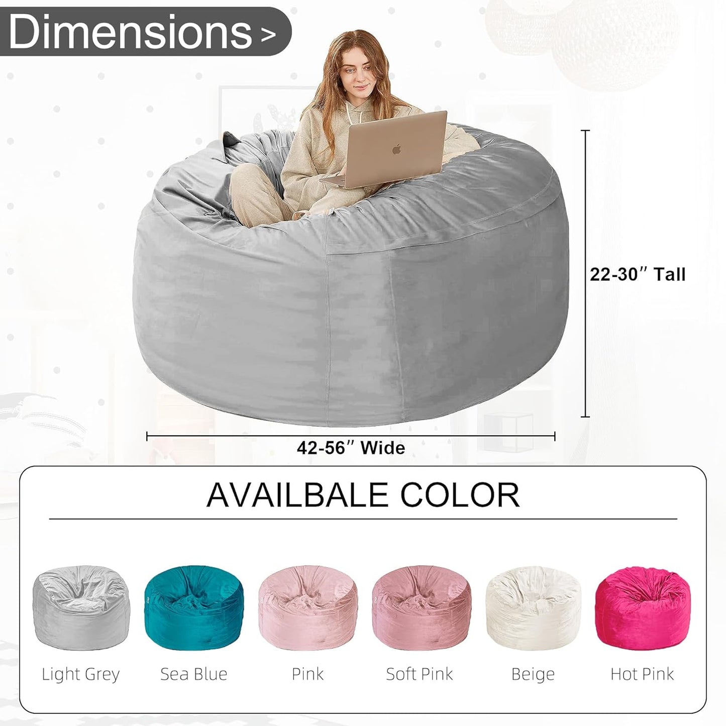 HABUTWAY Bean Bag Chair: Giant 4' Memory Foam Furniture Bean Bag Chairs for Adults with Microfiber Cover 4Ft (Light Grey)