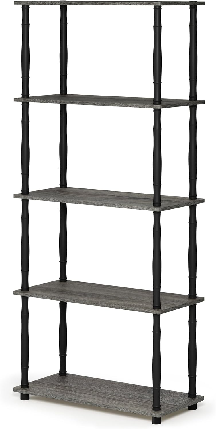 Furinno Turn-N-Tube 5-Tier Multipurpose Shelf Display Rack with Classic Tubes, French Oak Grey/Black