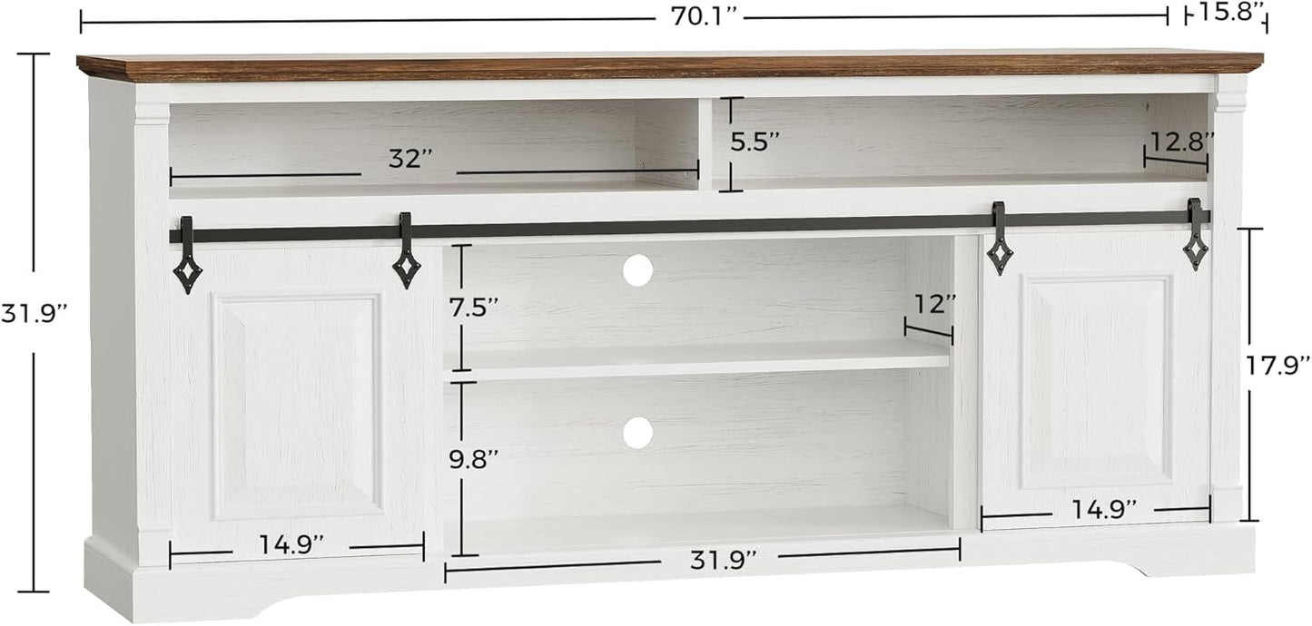 IRONCK Farmhouse TV Stand for 75+ Inch TV, 70" Entertainment Center with Storage Cabinets and Sliding Barn Door, Media Console for Living Room, White