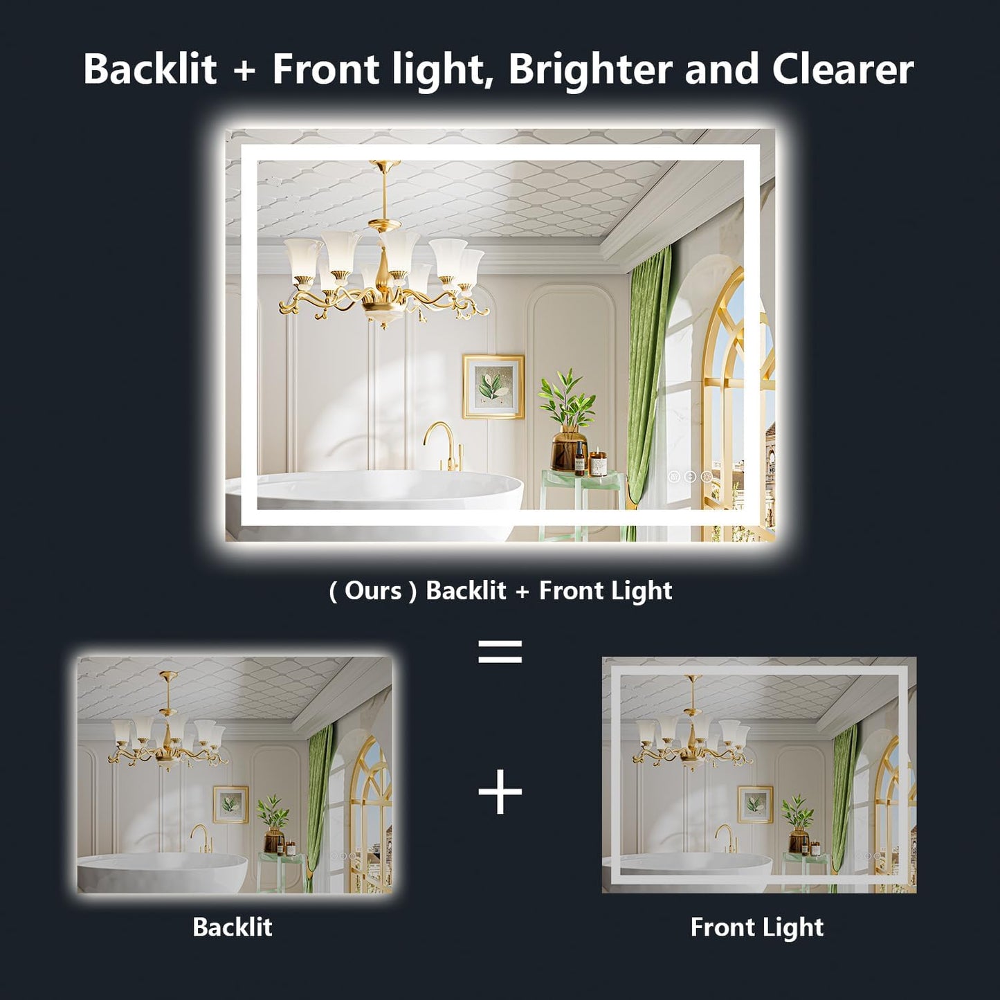 50x36 Inch LED Bathroom Mirror with Lights Front and Backlit Lighted Vanity Mirror for Bathroom Wall with 3 Colors Dimmable Anti-Fog Memory Shatter-Proof IP54 Waterproof Horizontal/Vertical