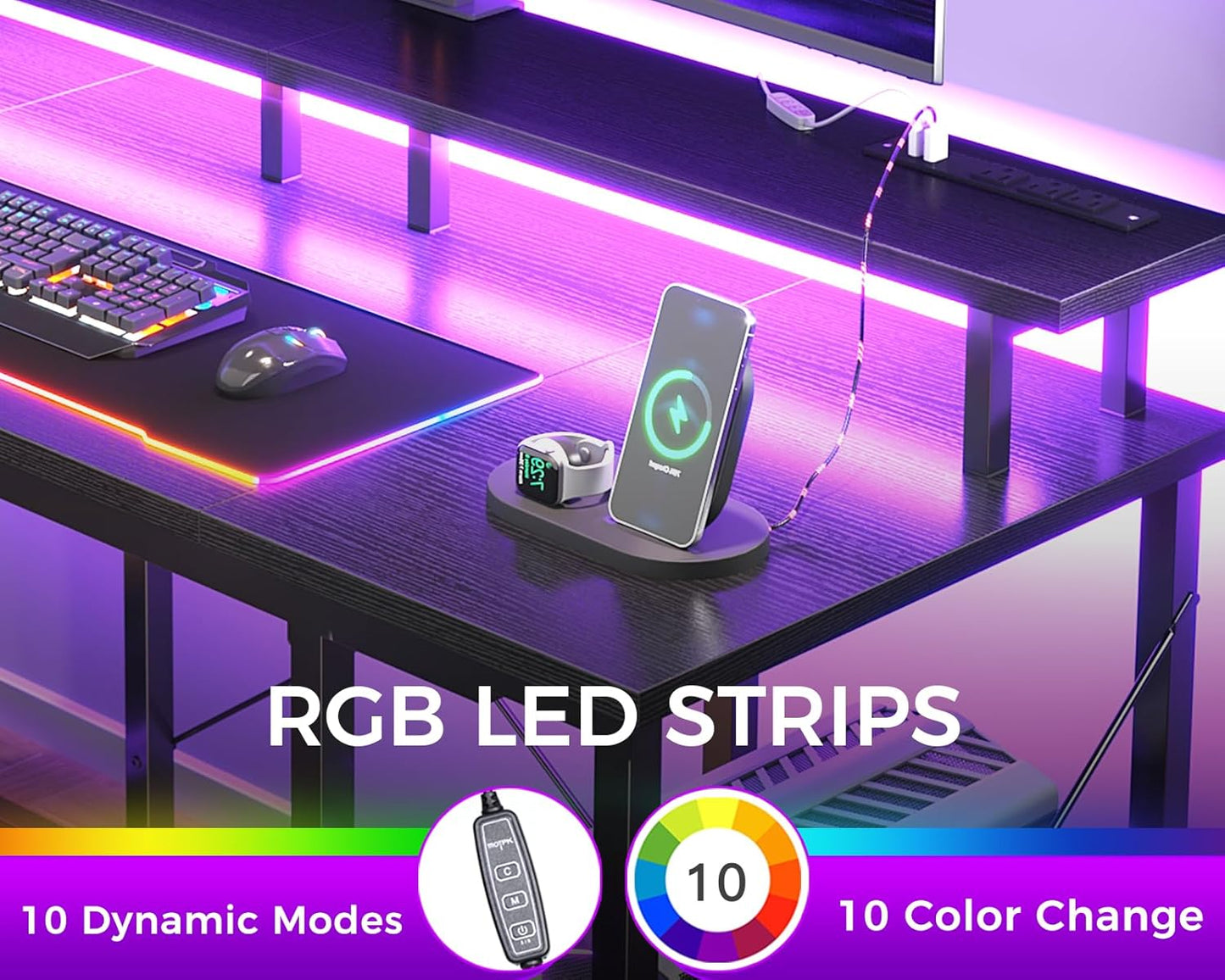 ODK 55 Inches Gaming Desk with LED Lights, Computer Desk with Monitor Stand, Pc Table with CPU Stand, Black