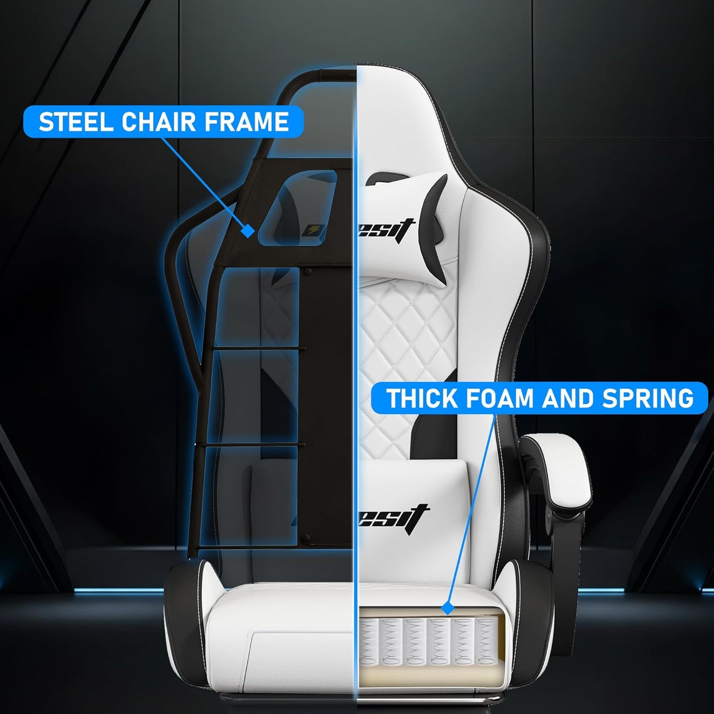 Gaming Chair,Ergonomic Computer Chairs for Adults with Footrest, PU Leather Office Chair with Adjustable Lumbar Support & Pocket Spring Cushion - Heavy Duty 400lb Capacity Gamer Chair (White)