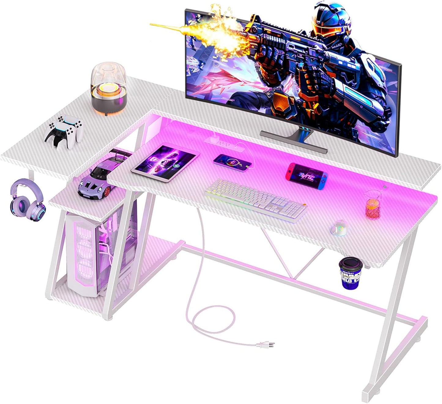 55 Inch White Gaming Desk with Power Outlet & LED Lights, L Shaped Computer Desk Gaming with 3 Tiers Storage Shelves, Reversible Corner Desk with Monitor Stand for Bedroom
