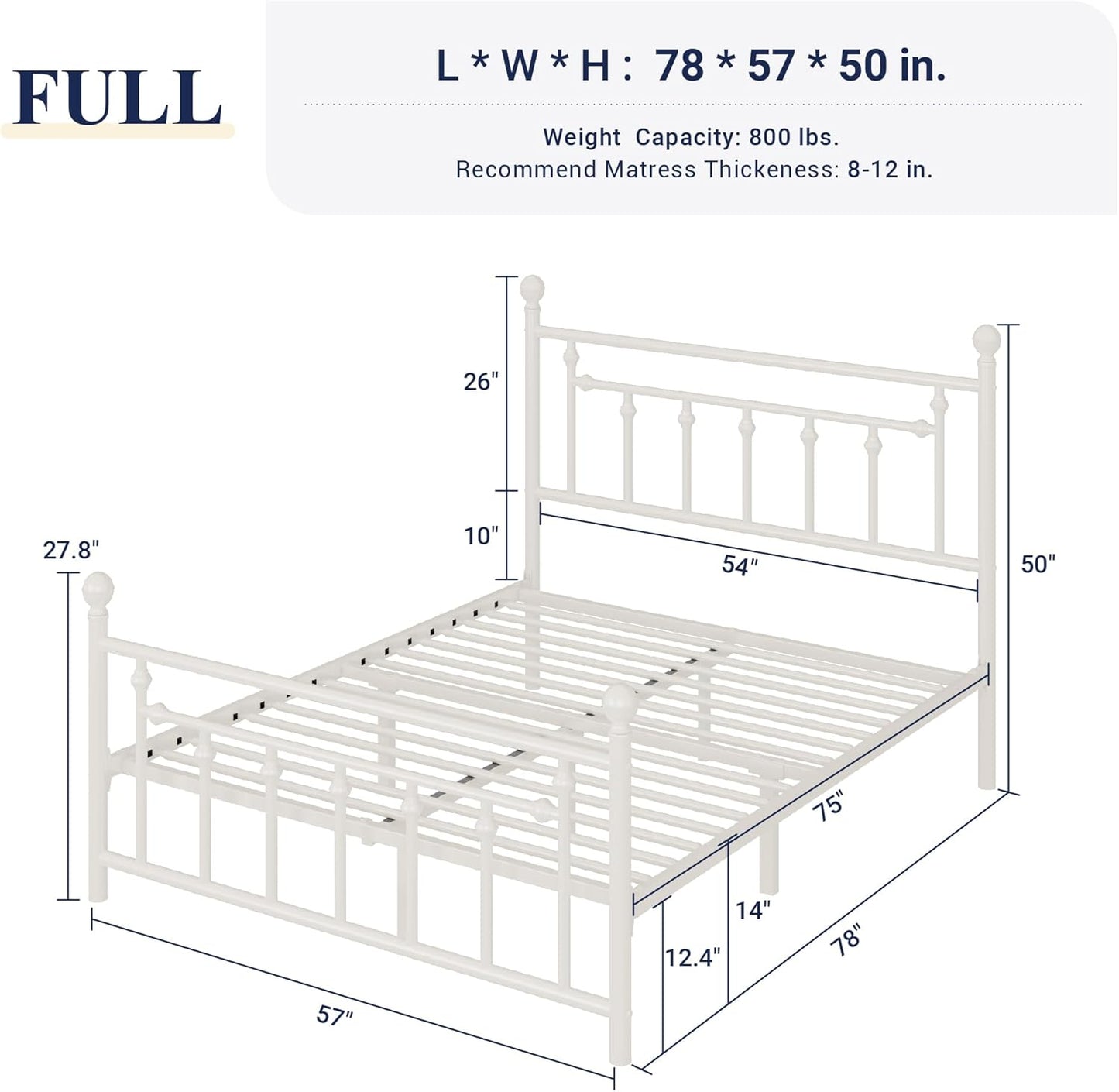 Allewie 14 Inch Full Size Metal Platform Bed Frame with Victorian Vintage Headboard and Footboard/Mattress Foundation/Under Bed Storage/No Box Spring Needed/Easy Assembly/Noise Free/White