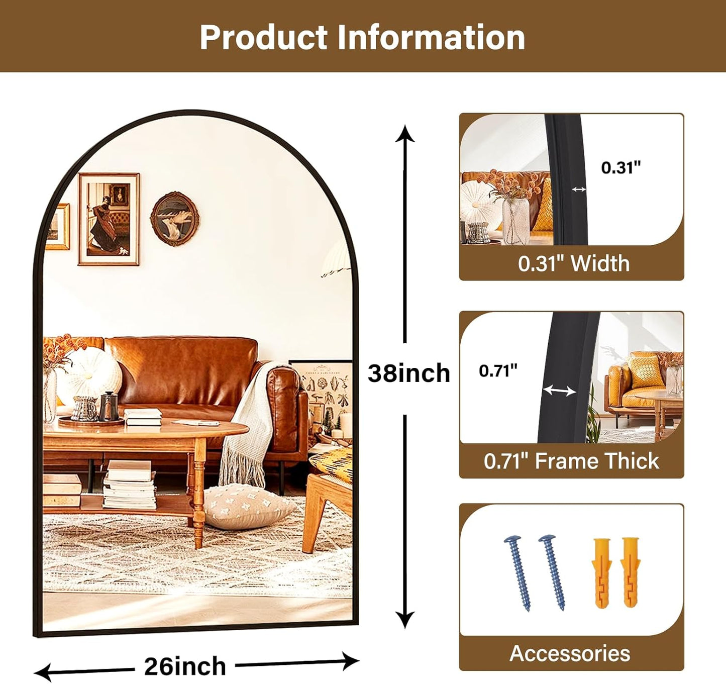 26"x38" Arched Wall Mirror for Bathroom, Black Vanity Mirror for Bedroom, Living Room, Entryway, Decorative Hanging Mirror for Wall