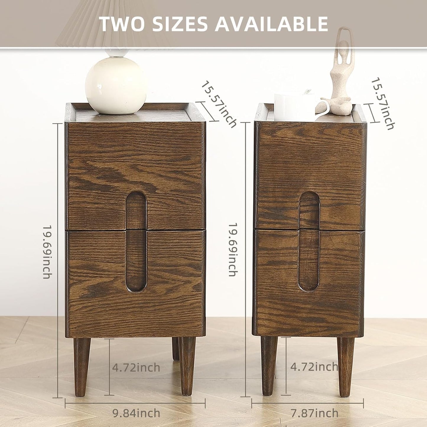 Solid Wood Bedside Table Nightstands, Slim Narrow Oak Real Wooden Mid-Century Modern End Table with Drawers Luxury Side Table Durable Cabinet Organizer Furniture, Walnut Color 7.87in Wide