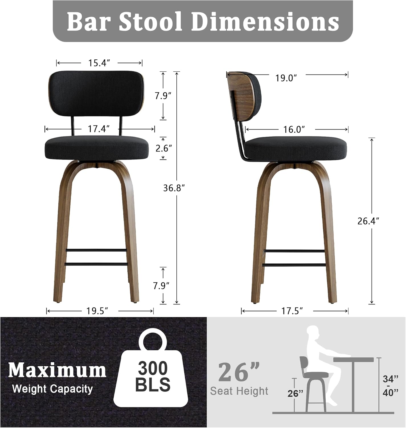 Swivel Counter Height Bar Stools with Back Set of 2, 26" Fabric Upholstered Kitchen Bar Stools with Wood Legs and Metal Footrest for Kitchen Island (Black Fabric)