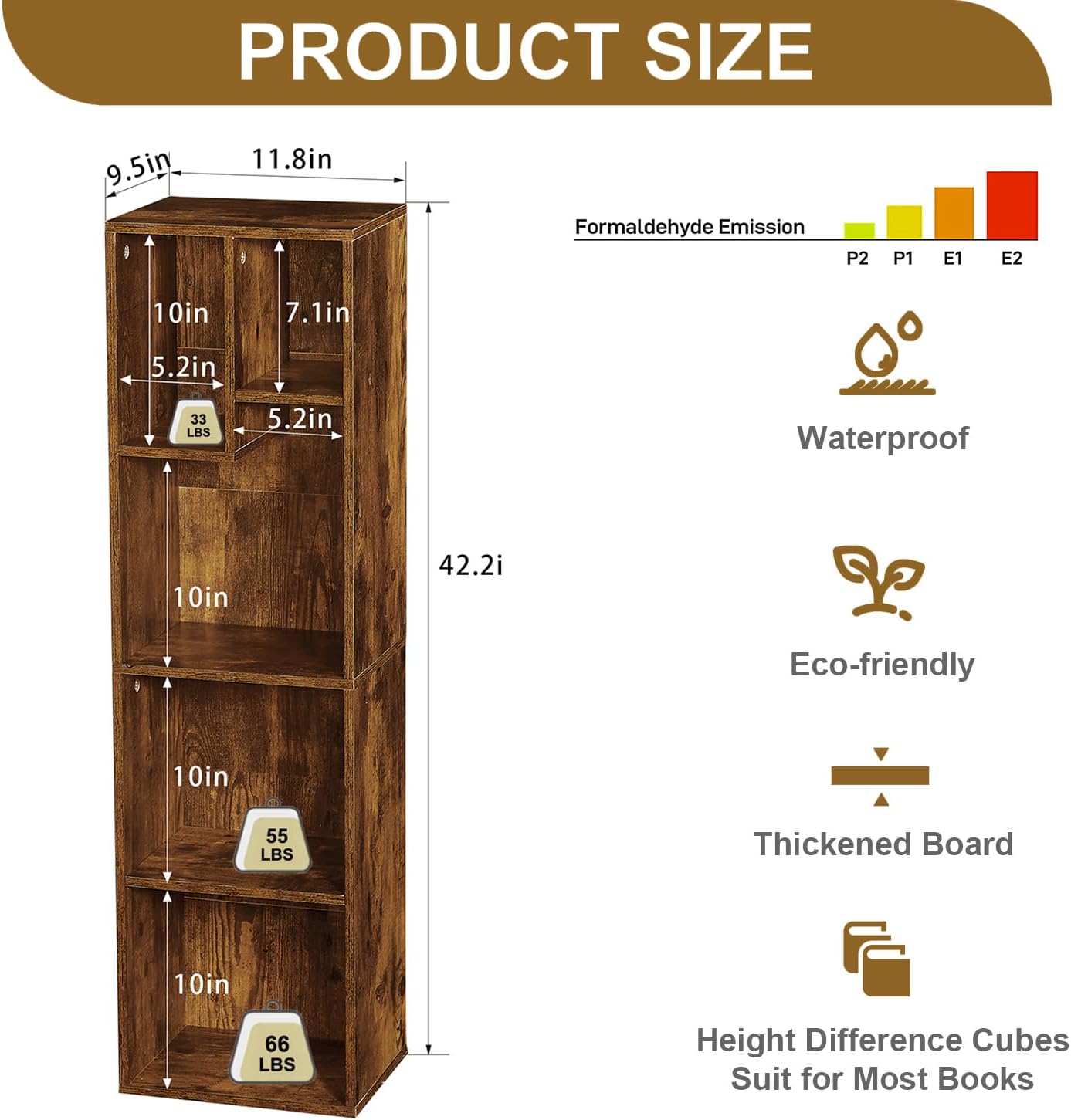 VECELO 4-Tier Bookcase, Modern Storage Cabinet with Height Difference Shelves for Standard Textbooks, 5 Cubes, Vertical or Horizontal, Easy Assembly, Rustic Brown