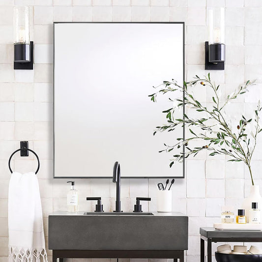 24x32 Inch Black Bathroom Mirror for Wall, Aluminum Frame Rectangle Rectangular Vanity Mirror, Modern Large for Bedroom, Living Room, Horizontal or Vertical