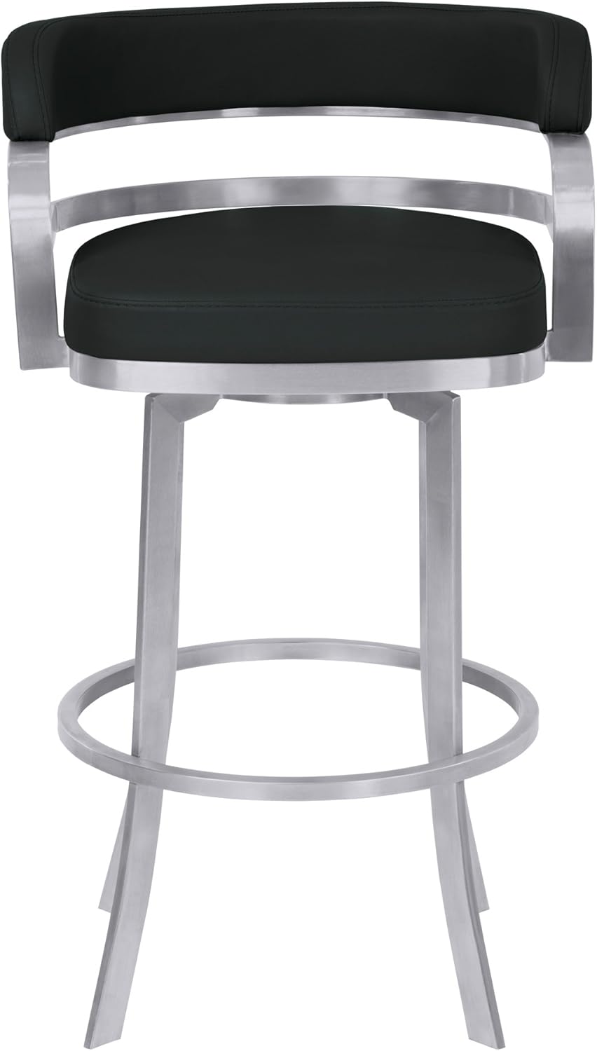 Armen Living Prinz 30" Bar Height Swivel Barstool in Black Faux Leather and Brushed Stainless Steel Finish