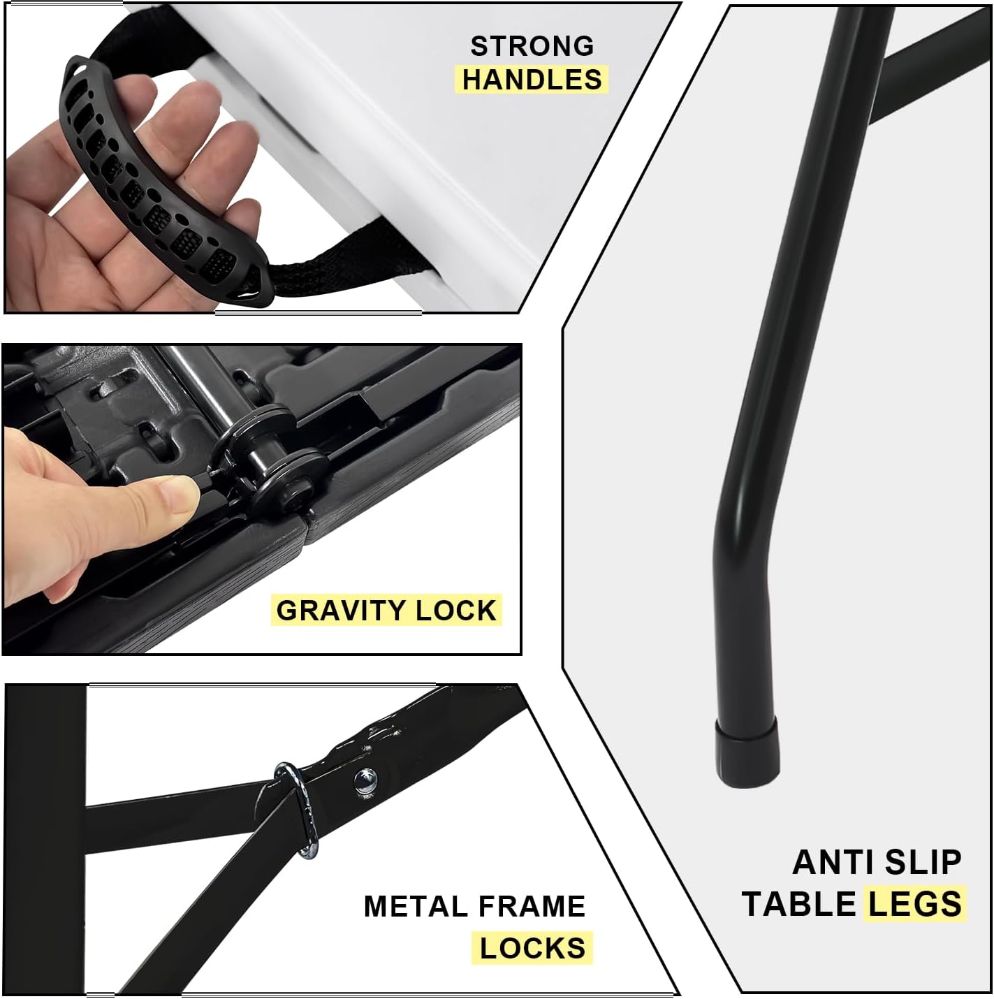 70.8" W X 29" D X 29" H - 6 ft Folding Table Black Wood Grain Portable Heavy Duty Plastic Fold-in-Half Utility Foldable Table for Camp，Picnic & Party