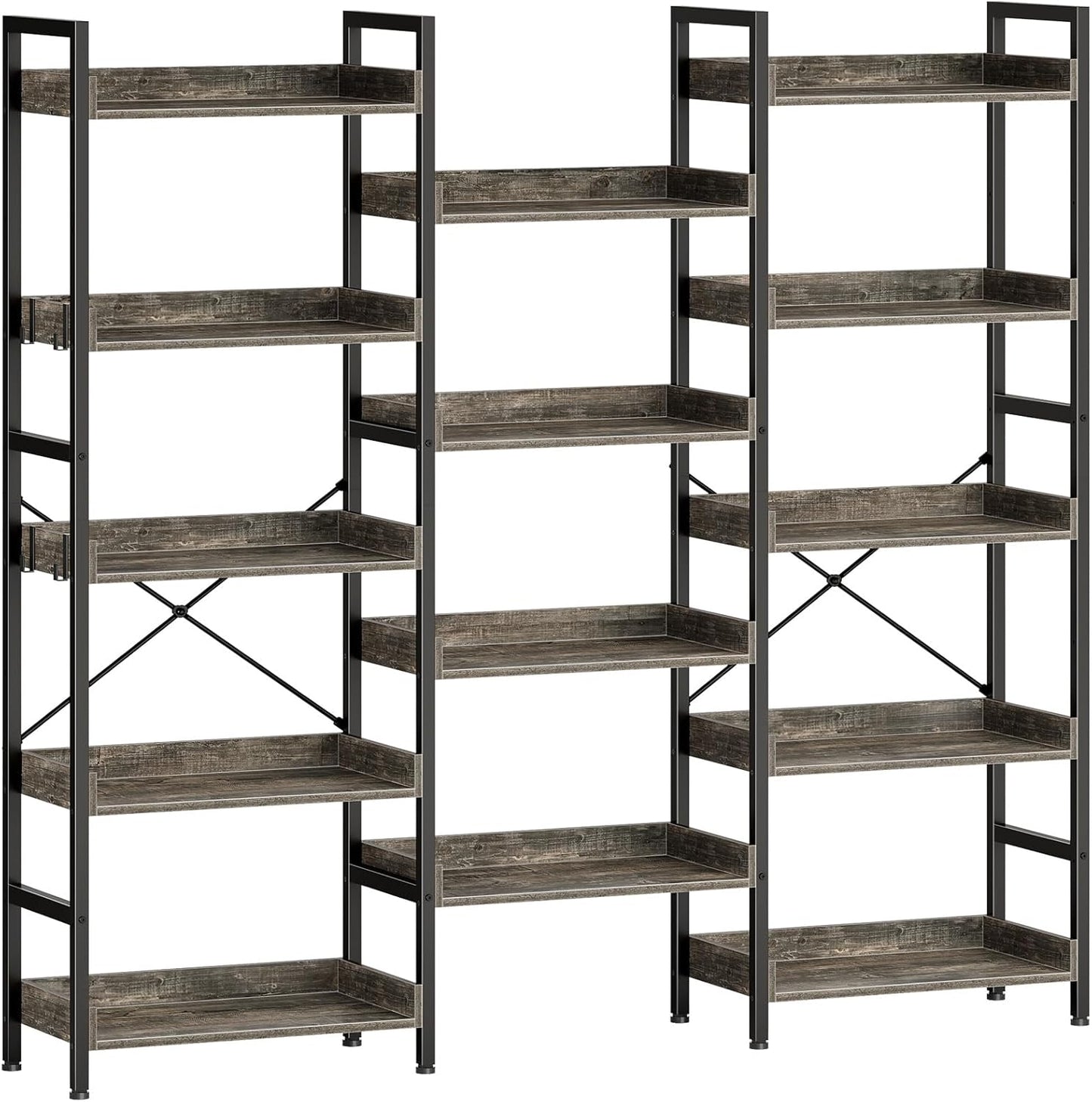 Rolanstar Bookshelf 5 Tiers, Triple Bookcase with Open Display Shelves, Industrial Wide Bookshelf with Metal Frame for Living Room, Office, Grey