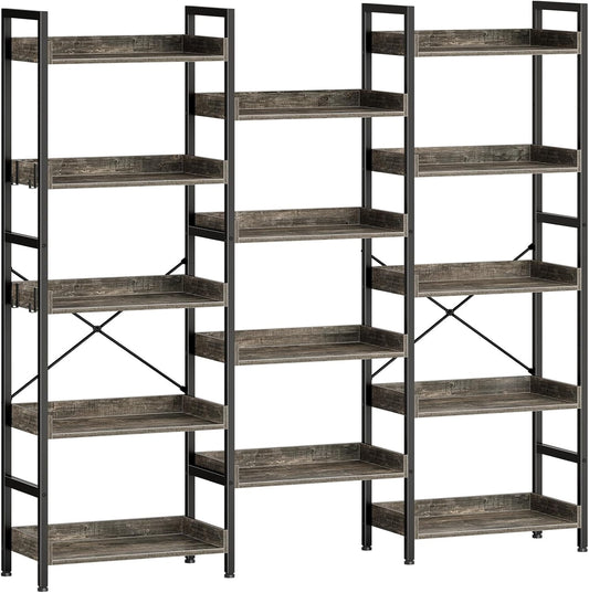 Rolanstar Bookshelf 5 Tiers, Triple Bookcase with Open Display Shelves, Industrial Wide Bookshelf with Metal Frame for Living Room, Office, Grey